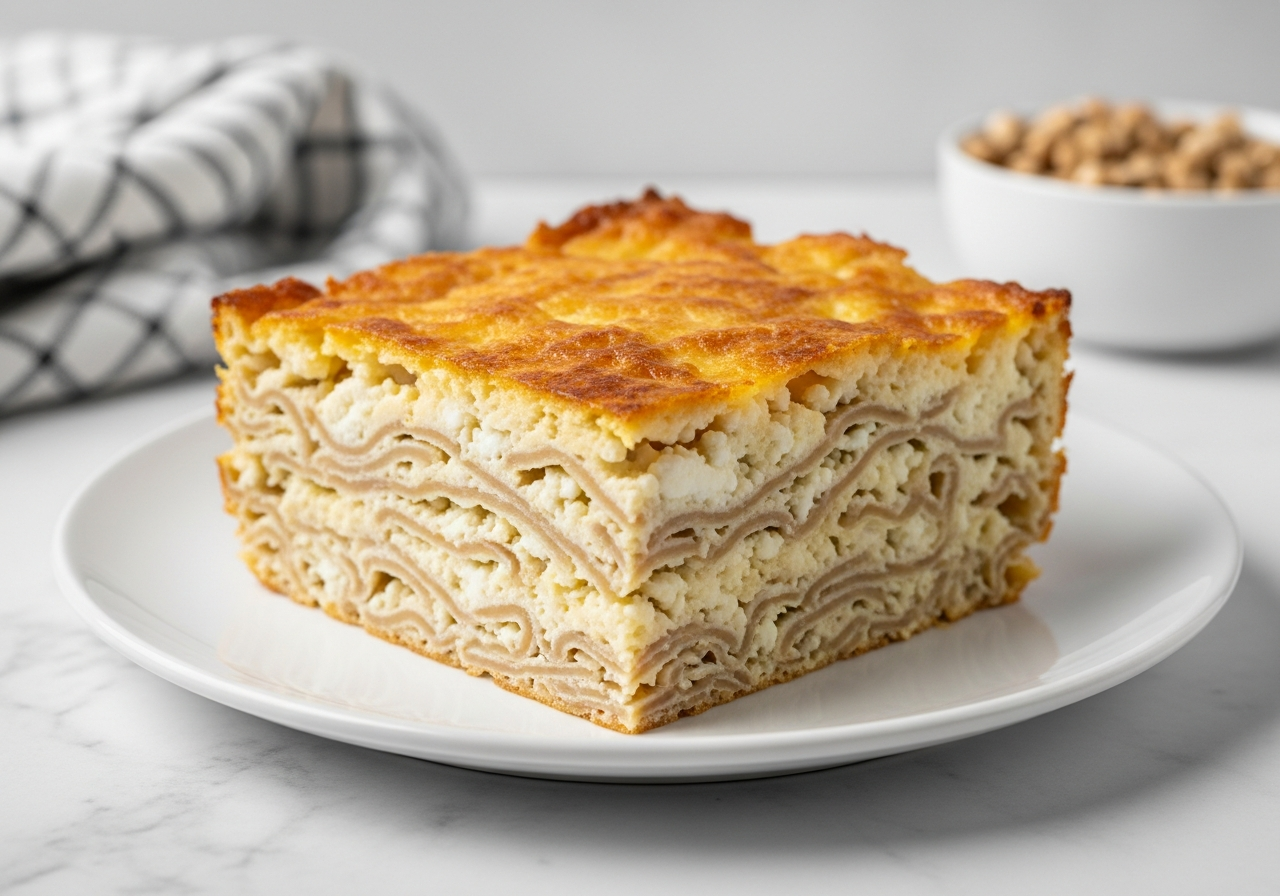A single generous square serving of noodle kugel โ a baked egg noodle casserole, not a cake, not a pie โ plated to show its cross-section of layered wide whole wheat noodles held together by a set custard of cottage cheese and yogurt, the top crust deeply amber and slightly crisp, the interior pale golden and moist, portioned cleanly to highlight its dense yet tender texture consistent with a lighter, protein-rich version.