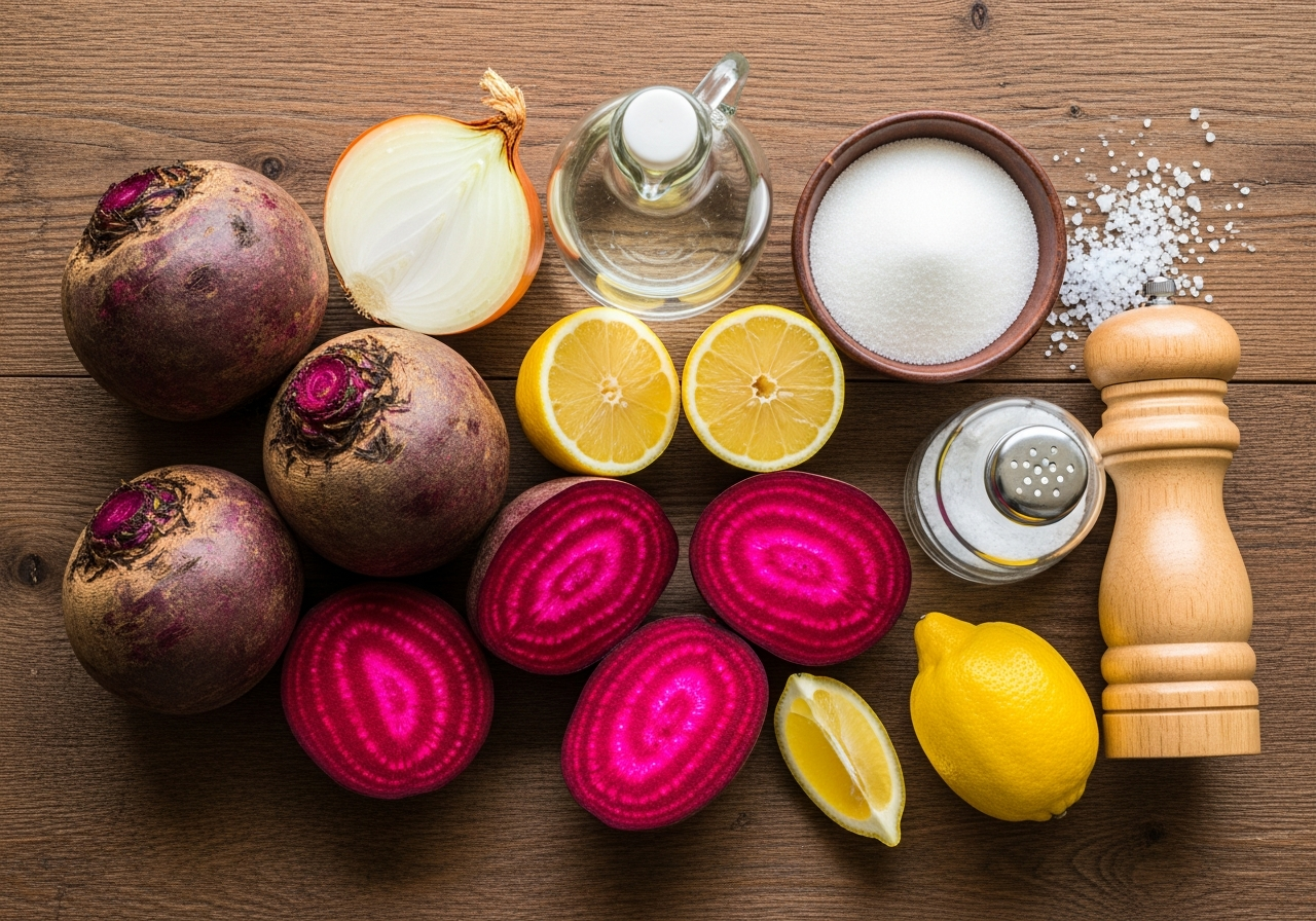 Whole raw beets with deep purple-red skin next to two beets halved to show their vivid magenta flesh, a halved yellow onion, a small glass pitcher of clear white vinegar (no oil), two whole lemons plus lemon halves and a wedge, a bowl of white sugar with coarse salt scattered beside a salt shaker, and a wooden pepper grinder, arranged on a rustic wood table