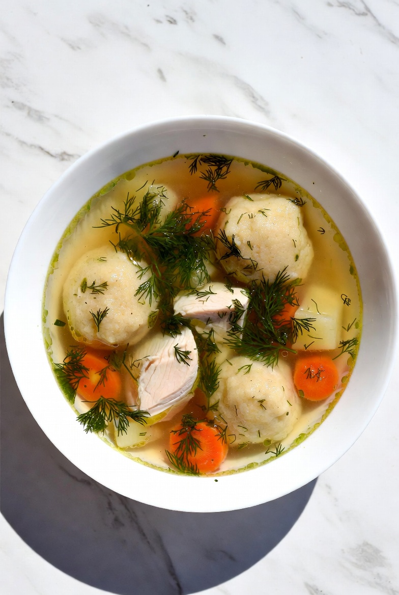 Overhead view of a white bowl filled with golden chicken broth, matzo balls, tender shredded chicken, carrot rounds, and a generous scatter of fresh dill fronds on a bright white marble surface.