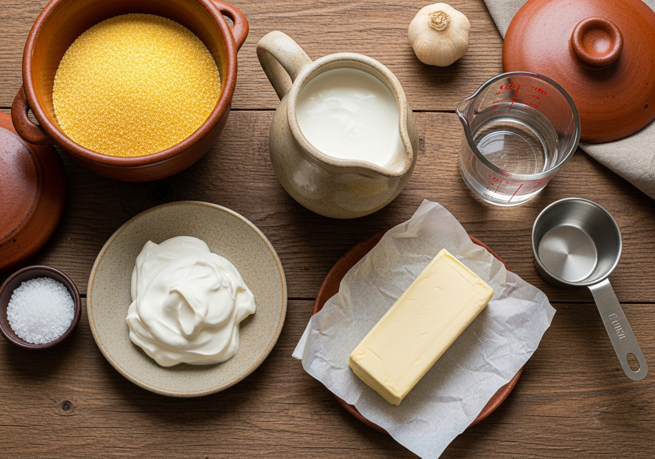 Flat lay of raw ingredients for banosh: a small heap of dry coarse yellow cornmeal, a ceramic pitcher of thick heavy cream, a dollop of full-fat white sour cream in a small dish, a stick of unsalted butter on parchment, a pinch of coarse salt in a tiny bowl, and a small measuring cup of water, all arranged loosely together