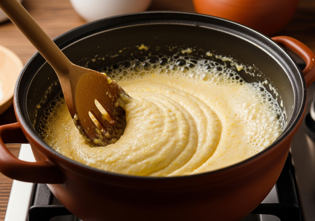 A heavy-bottomed pot on a flame holds thickening banosh porridge mid-cook — the pale yellow cornmeal mixture is being stirred vigorously with a wooden spoon, the surface bubbling slowly with thick, lazy pops, the cream-enriched porridge visibly pulling away from the sides of the pot and developing a smooth, glossy, dense consistency characteristic of properly cooked banosh