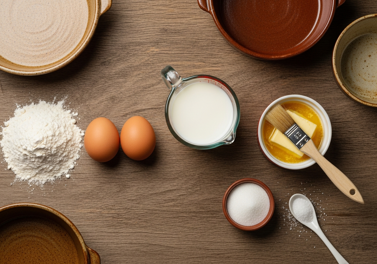 Flat-lay of blintz ingredients in their raw state: a small mound of white all-purpose flour, two whole brown eggs side by side, a glass measuring cup filled with whole milk, a small ramekin of melted pale yellow butter with a pastry brush resting across it, a tiny bowl of white granulated sugar, and a pinch of fine salt in a ceramic spoon, all arranged with generous negative space between each component