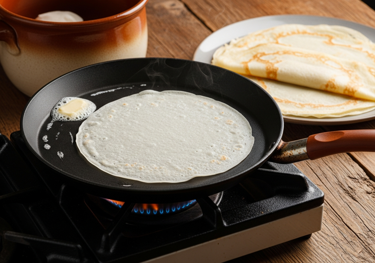 A wide shallow non-stick pan over a medium flame holds a single thin crêpe mid-cook — the edges are just setting and turning matte white while the center remains pale and slightly translucent, a small pat of butter foaming at the pan edge, and beside the pan a finished crêpe sits flat on a plate ready to be filled and folded into a rectangle