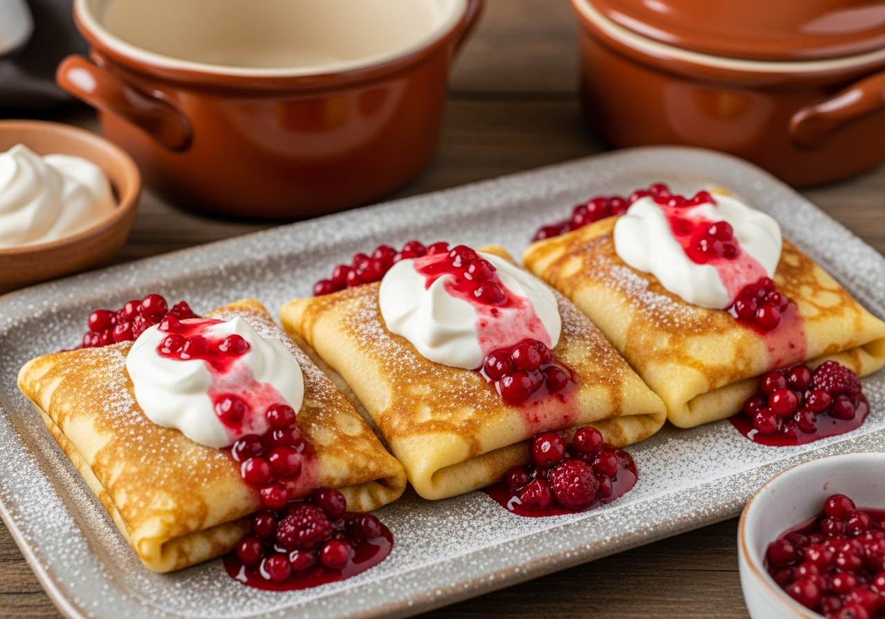 Three golden blintzes — thin crêpes folded into neat rectangular parcels and pan-fried until each side is evenly golden-brown with faint crisp patches — arranged on a surface, topped with a generous dollop of cool white sour cream, a scatter of fresh red berry compote pooling at the edges, and a fine dusting of powdered sugar, these are filled folded crêpes, not dumplings, not crepes left open