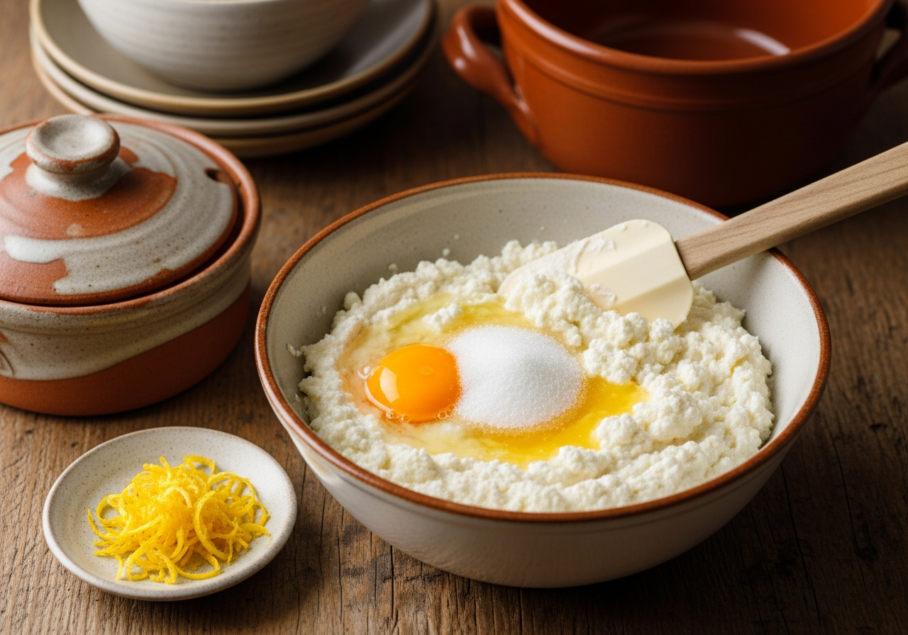 A ceramic bowl holds the classic blintz filling: smooth white farmer's cheese mixed with a beaten egg yolk, a spoonful of sugar, and a whisper of vanilla, the mixture pale ivory and slightly grainy in texture with a soft matte surface, a rubber spatula resting in the bowl and a small dish of lemon zest curls alongside