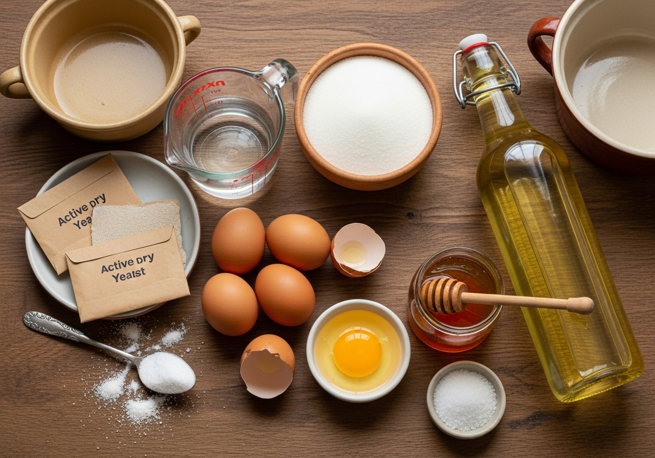 A flat-lay of challah ingredients arranged in an organized cluster: two small envelopes of active dry yeast beside a glass measuring cup of warm water, a bowl of granulated white sugar, four whole brown eggs plus a fifth cracked into a small dish showing golden yolk for the egg wash, a bottle of pale neutral vegetable oil, a small jar of amber honey with a wooden dipper, and a neat pile of fine salt on a spoon, all grouped naturally with a small scattering of flour nearby.