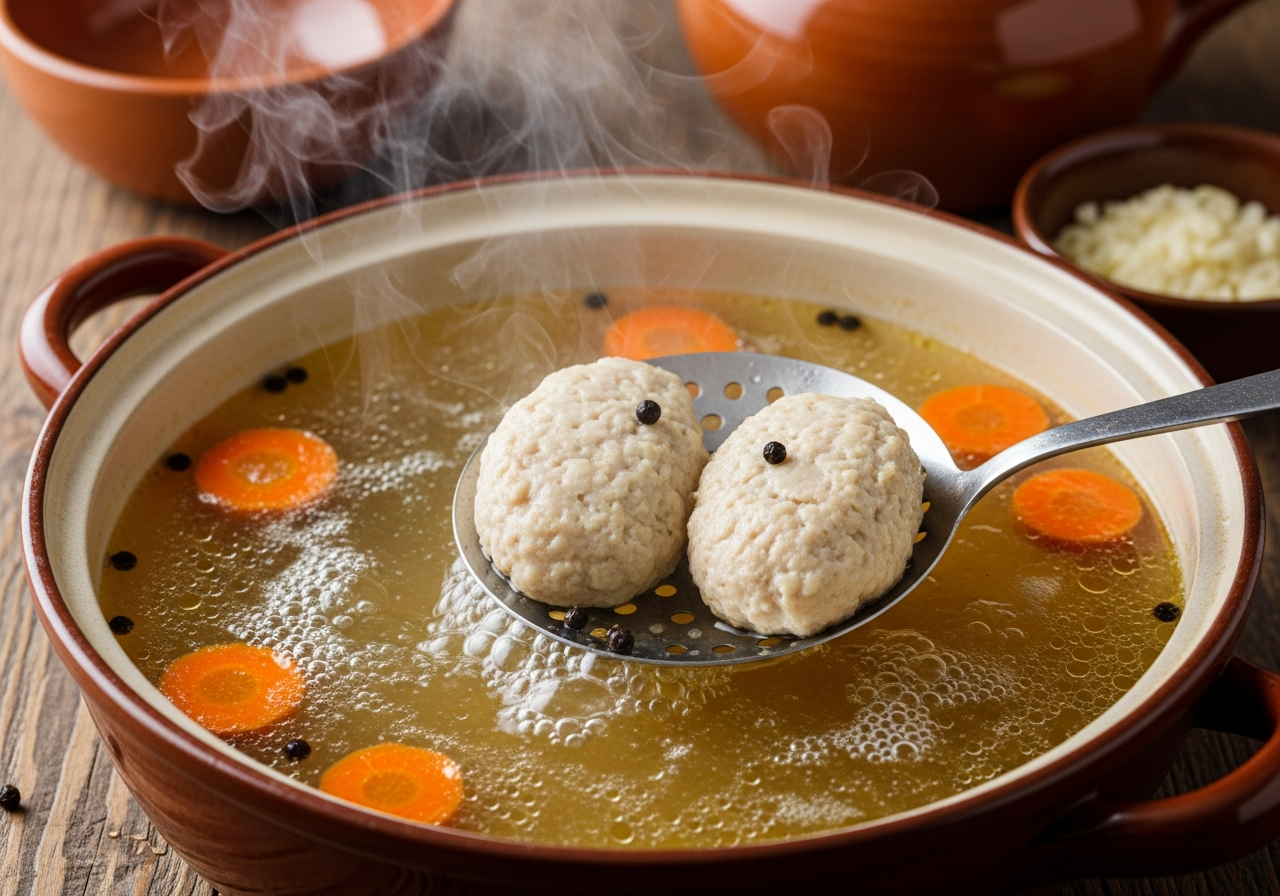 A wide shallow pot of gently simmering cloudy golden fish broth with whole peppercorns and carrot rounds floating at the surface, and two pale raw oval fish patties being lowered into the liquid on a slotted spoon, the broth just barely bubbling around the edges of the submerged patties as steam rises above the pot.