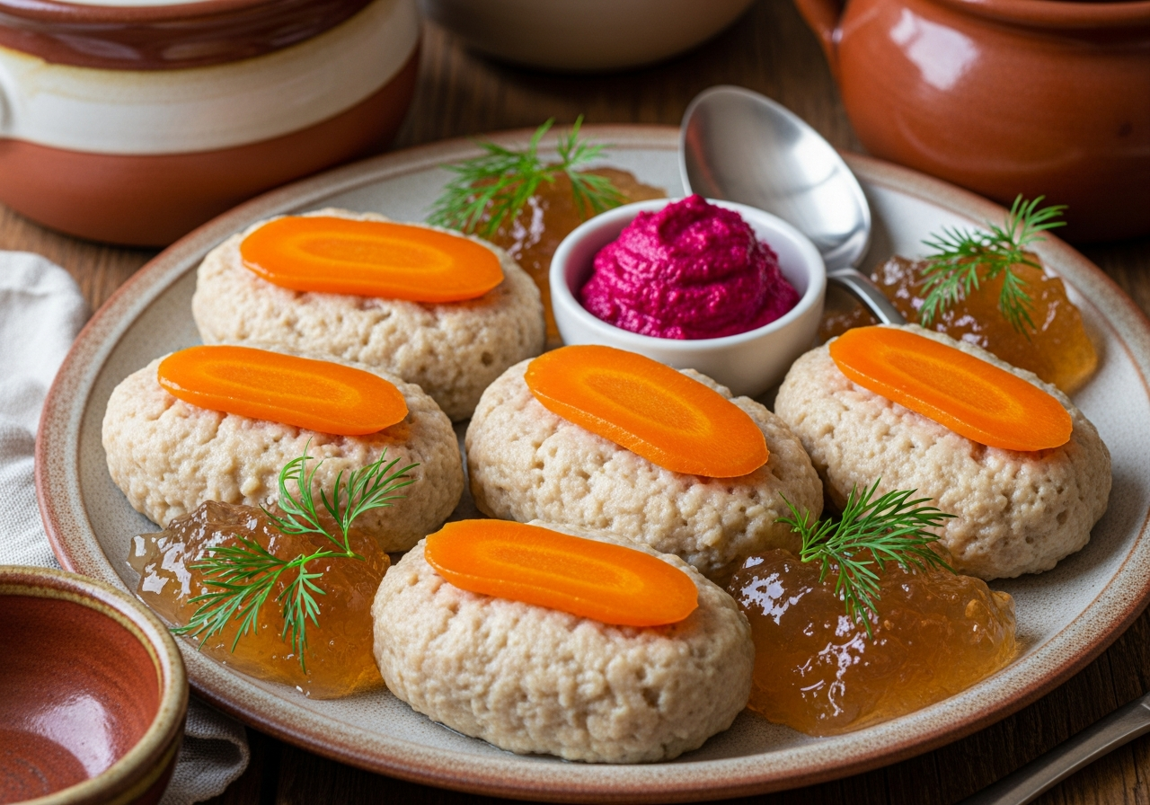 Four chilled gefilte fish oval patties served on a dish, each crowned with a glossy cooked carrot round, surrounded by spoonfuls of set translucent amber fish jelly, with a small ramekin of bright magenta beet horseradish alongside and a few fresh dill fronds scattered over the jelly, the patties pale and firm-textured showing their poached, not fried, matte surface.