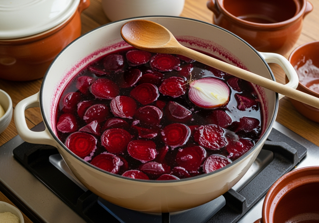 A large wide pot on a lit stovetop holds deep ruby-red beet broth at a gentle simmer, raw quartered beets fully submerged in the crimson liquid, their color bleeding richly into the water, a wooden spoon resting across the rim and a halved onion visible bobbing near the surface, the broth visibly darkening as it cooks down into a concentrated, translucent deep-red soup
