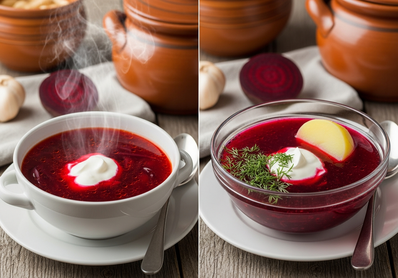 Two servings of the finished clear deep-red beet soup — one steaming hot in a classic soup bowl and one chilled in a glass bowl showing its slightly more intense, jewel-like color — each topped with a generous spoonful of thick white sour cream and a sprinkle of fresh dill, a boiled potato half resting in the cold version, illustrating the same broth served two ways