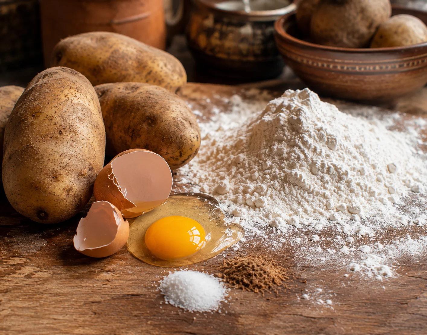 Loose grouping of raw kopytka ingredients: several large unpeeled russet potatoes with rough brown skin, a mound of white all-purpose flour dusted across one area, one cracked whole egg with yolk visible, a small pinch of grated nutmeg beside a tiny heap of fine salt, all arranged with natural, slightly scattered informality