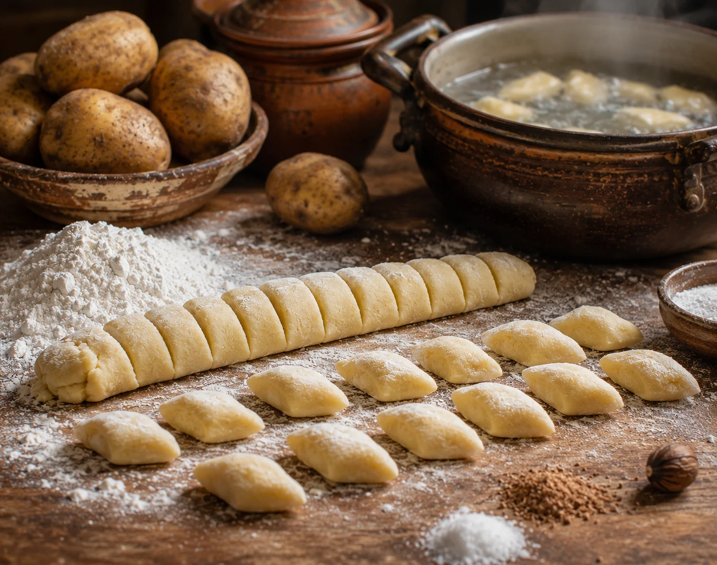 Cook's hands pressing soft, just-mixed pale potato-and-flour dough on a lightly floured surface, cutting uniform elongated diamond shapes with a knife or bench scraper — dough is creamy ivory and slightly sticky, small dusted pieces already formed nearby, a pot of gently rolling boiling water visible in the background with a few dumpling-shaped pieces floating at the surface
