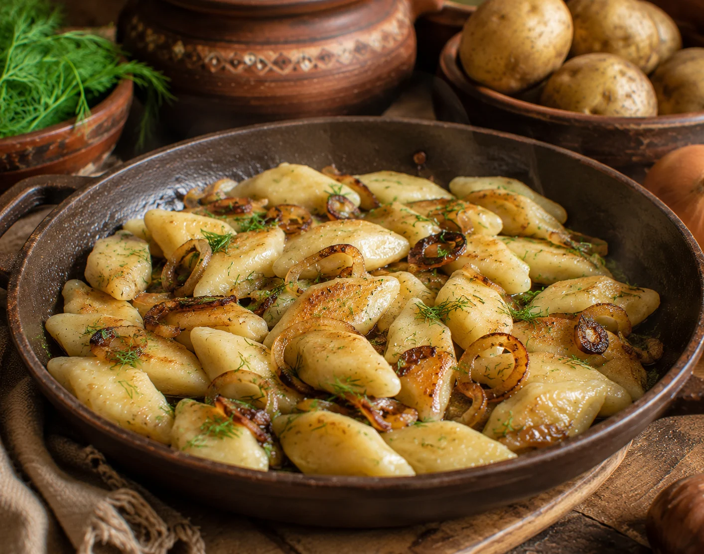 Freshly boiled kopytka — soft, plump, hoof-shaped ivory potato dumplings, not pasta, not filled pierogi — lifted from simmering water and tossed in a pan with sizzling browned butter and deeply caramelized onion slices, their surfaces lightly golden where they touched the hot pan, served in a rustic portion with a scattering of fresh dill and a glossy butter sheen