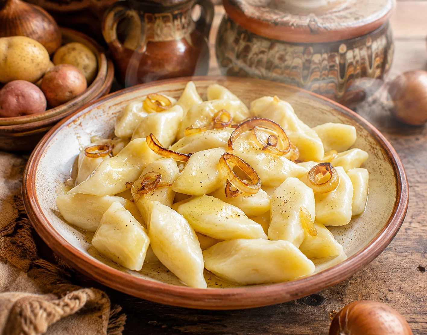 Plump, pale-ivory boiled potato dumplings shaped like small elongated diamonds or hoof-prints — soft, slightly chewy kopytka, not gnocchi, not pierogi, not filled dumplings — piled generously in a shallow bowl, glistening with melted butter and golden caramelized onion rings, a few curls of steam rising from the freshly cooked dough, dusted with a faint pinch of white pepper