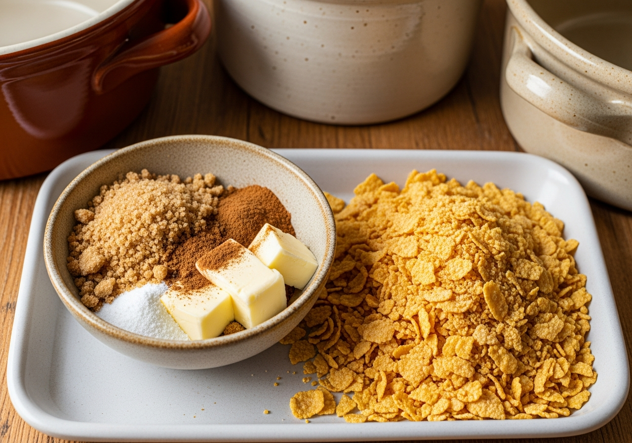 A small prep bowl of streusel topping ingredients ready to be mixed — coarse brown sugar, a few pats of cold butter, and a light dusting of cinnamon — beside a separate pile of crushed cornflake crumbs that will be combined and scattered over the kugel before baking to form its characteristic sweet, crunchy, amber-colored crust topping.
