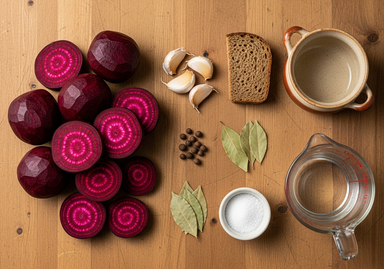 Flat-lay of raw ingredients for barszcz czerwony: a pile of whole peeled deep-purple raw beets already sliced into thin rounds showing their dramatic crimson flesh and concentric rings, three lightly crushed whole garlic cloves, a small dark heel of dense sourdough rye bread crust, four round allspice berries, three dried bay leaves, a small bowl of fine white salt, and a measuring jug of warm water, all arranged with generous spacing to show each element individually