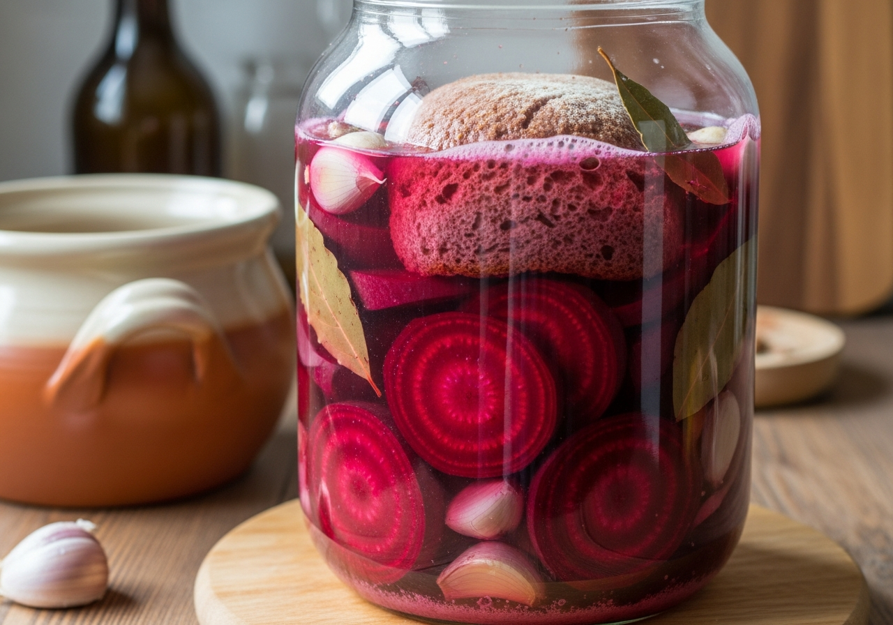 Close-up of a large glass jar filled with raw sliced beet rounds submerged in cloudy pinkish brine, garlic cloves and bay leaves visible through the glass, the liquid gradually turning deep ruby as fermentation progresses — the traditional Polish lacto-fermentation step for barszcz czerwony, distinct from simply boiling beets — the jar unsealed at the top, a rye bread crust floating near the surface acting as a fermentation starter, rich burgundy color bleeding into the liquid