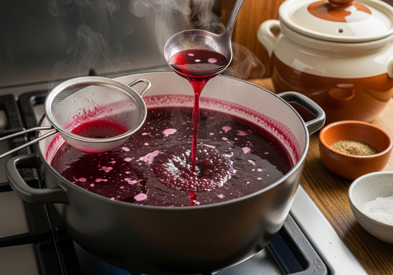 A wide heavy-bottomed pot on a stovetop with deep garnet-red strained beet broth gently simmering, the liquid crystal-clear and intensely colored like dark red glass, a fine-mesh strainer resting nearby stained crimson, a ladle mid-pour showing the broth's translucent ruby quality, small wisps of steam rising, emphasizing the final clarifying and seasoning stage of traditional Polish barszcz czerwony