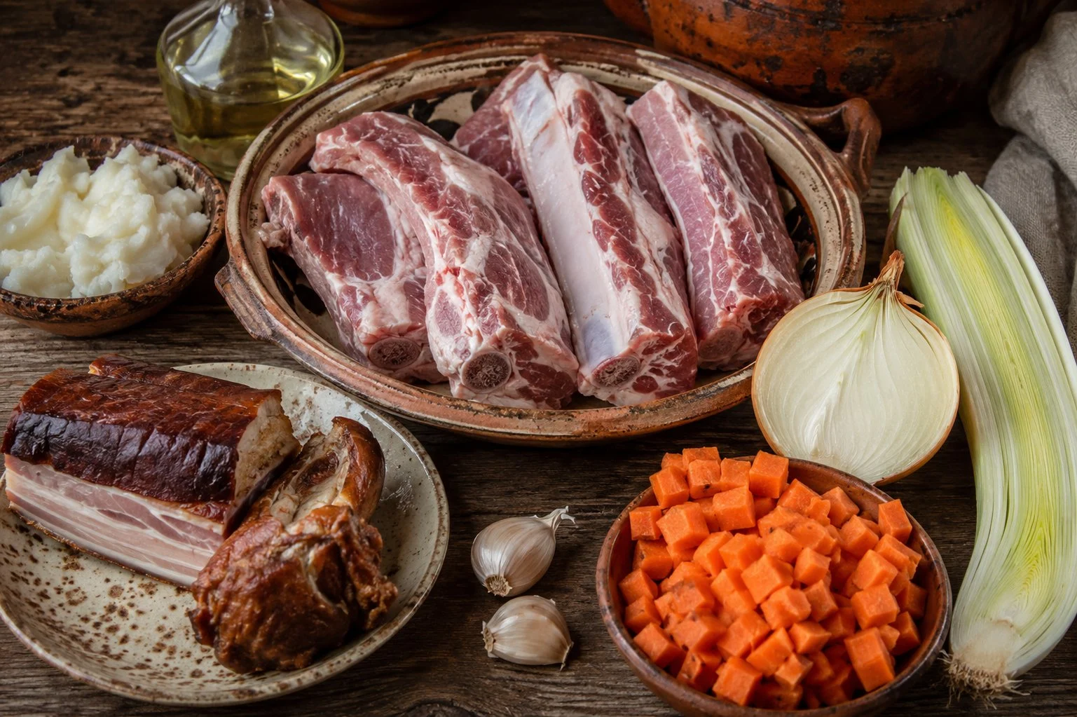 Raw ingredients for kapusniak: pork ribs, smoked bacon, sauerkraut, carrots, onion, leek, and garlic