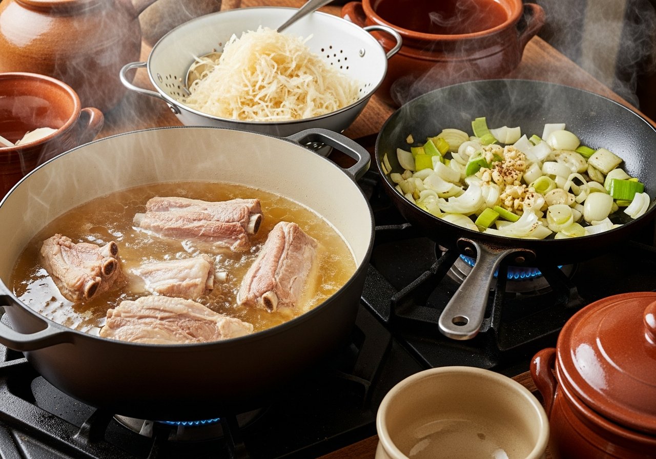 Pork ribs simmering in broth beside sauteed onion, leek, and garlic, with drained sauerkraut, for kapusniak