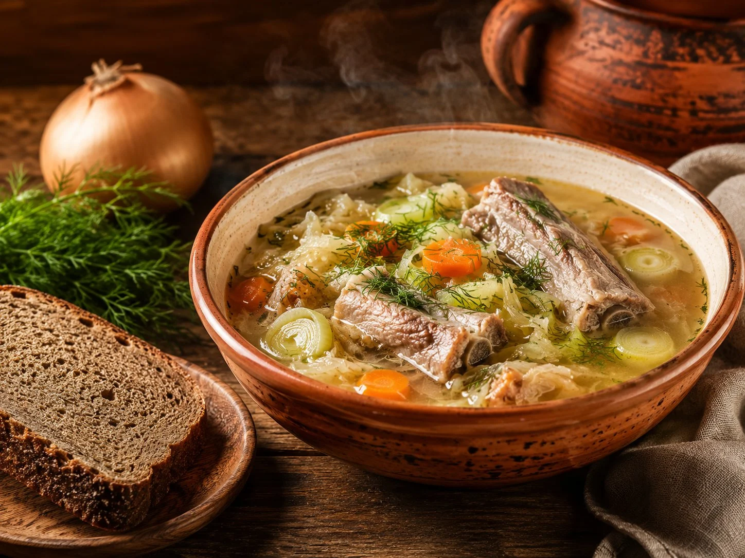 Bowl of kapusniak garnished with fresh dill, served with a slice of rye bread on the side