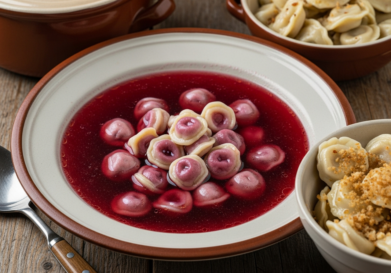 A wide shallow soup bowl filled with clear deep-crimson Polish barszcz holding a cluster of plump boiled uszka floating near the surface, their pale dough flushed slightly pink from the broth, alongside a second small bowl where uszka are tossed in golden browned butter with scattered toasted fine breadcrumbs coating their glistening skins — two classic serving styles shown together, the ring-shaped dumplings clearly small and ear-folded, not large pierogi, not pasta.