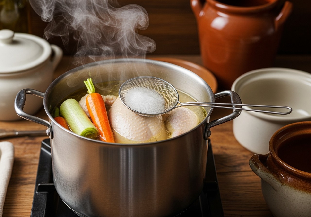 A tall stainless stockpot on a burner holds a gently simmering, pale-gold broth with a whole chicken partially submerged, cooked carrot spears and a halved leek floating alongside, a fine mesh skimmer resting on the pot rim holding pale grey foam just skimmed from the surface, thin wisps of steam curling upward from the barely trembling liquid.