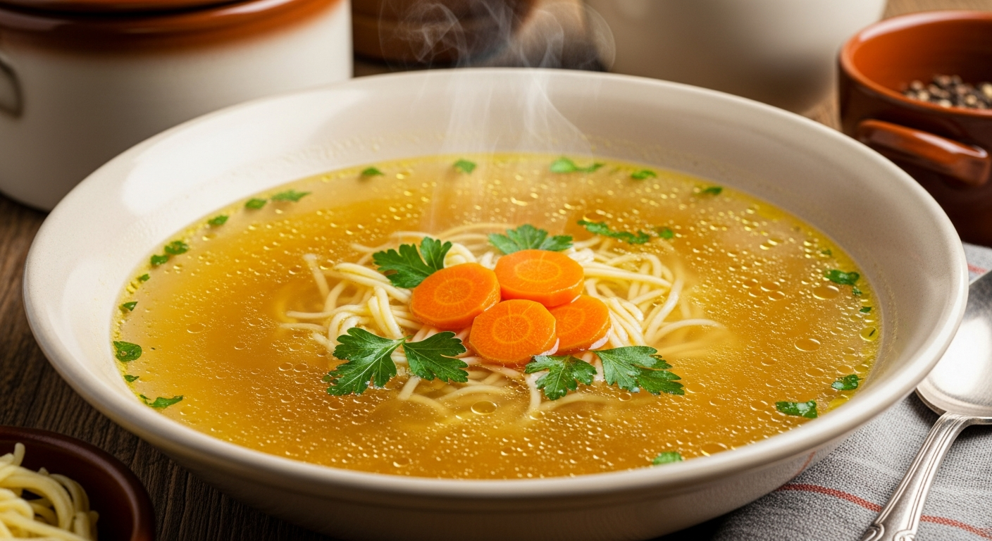 A wide shallow bowl filled to the brim with rosół — a luminous, golden-amber Polish chicken broth, perfectly clear and jeweled with tiny fat droplets on the surface, holding thin egg noodles submerged just below the surface, garnished with a few rounds of sliced cooked carrot and a scatter of fresh flat-leaf parsley, steam rising gently from the surface — a slow-simmered clarity broth, not a cream soup, not a stew, not a thick chowder.