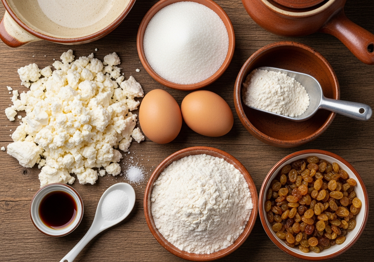 Flat-lay of raw syrnyky ingredients: a mound of dry white farmer's cheese crumbled loosely, two whole eggs, a small bowl of white granulated sugar, a heap of all-purpose flour with a scoop resting in it, a tiny dish of vanilla extract, a pinch of salt in a ceramic spoon, and a small bowl of plump golden raisins soaked and glistening, all arranged close together