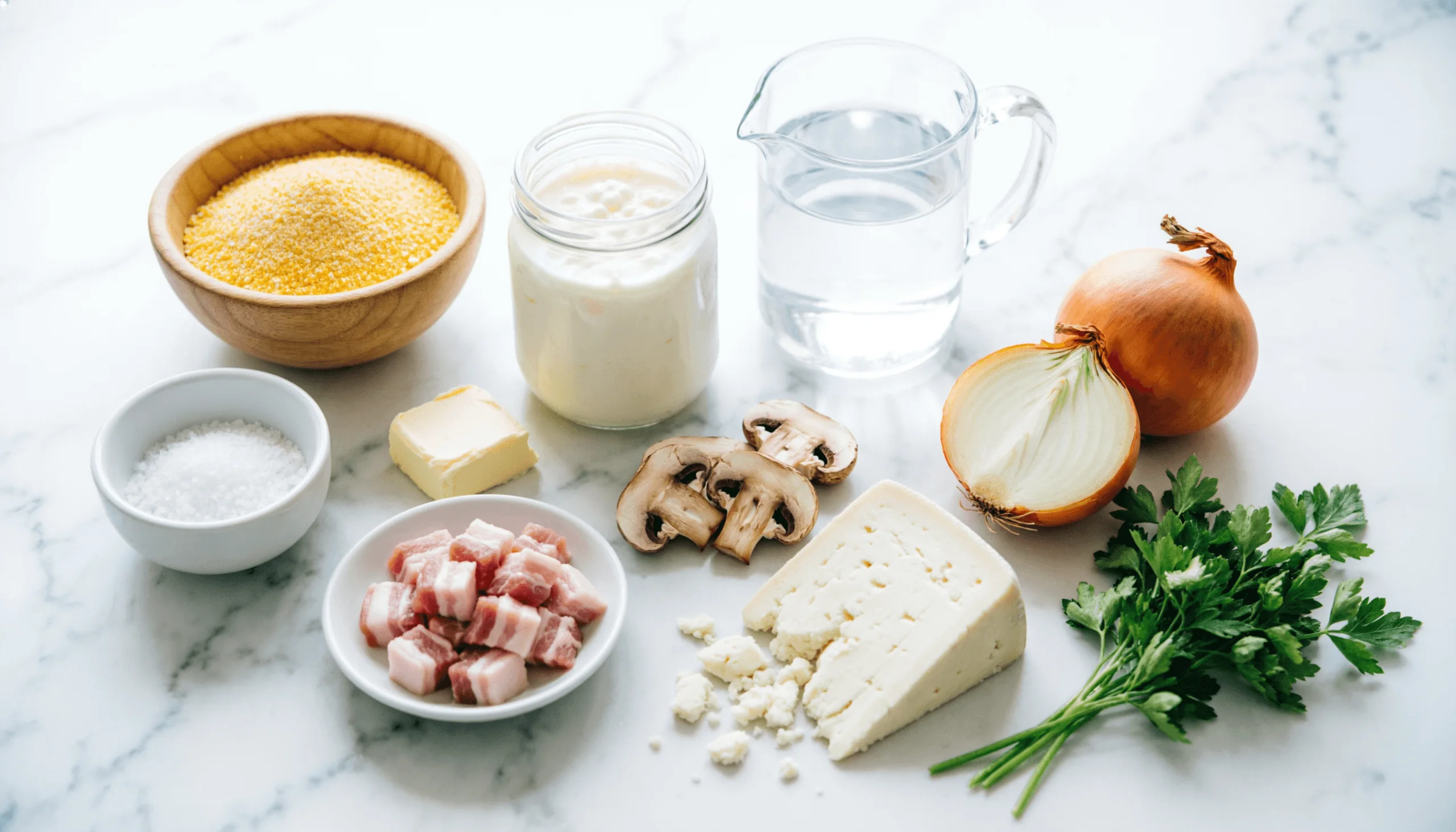 Flat lay of raw ingredients for healthy banosh on white marble: a wooden bowl of coarse cornmeal, a jar of kefir, a glass pitcher of water, a small bowl of salt, a stick of butter, a plate of diced raw pork belly, sliced cremini mushrooms, a halved onion, a wedge of bryndza cheese, and fresh parsley
