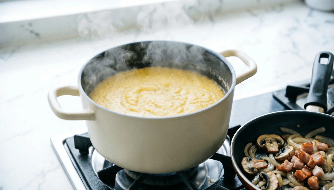 A pot of cornmeal porridge simmering on the stove with steam rising, beside a skillet of sauteed mushrooms, onion and diced pork cooking alongside