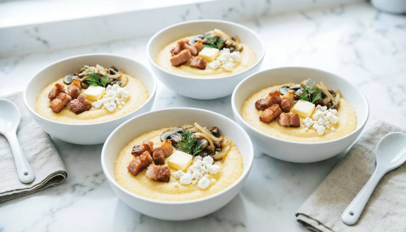 Four white bowls of finished healthy banosh, each topped with crispy pork, sauteed mushroom and onion, crumbled bryndza cheese, butter and dill, arranged on a marble surface with linen napkins and spoons
