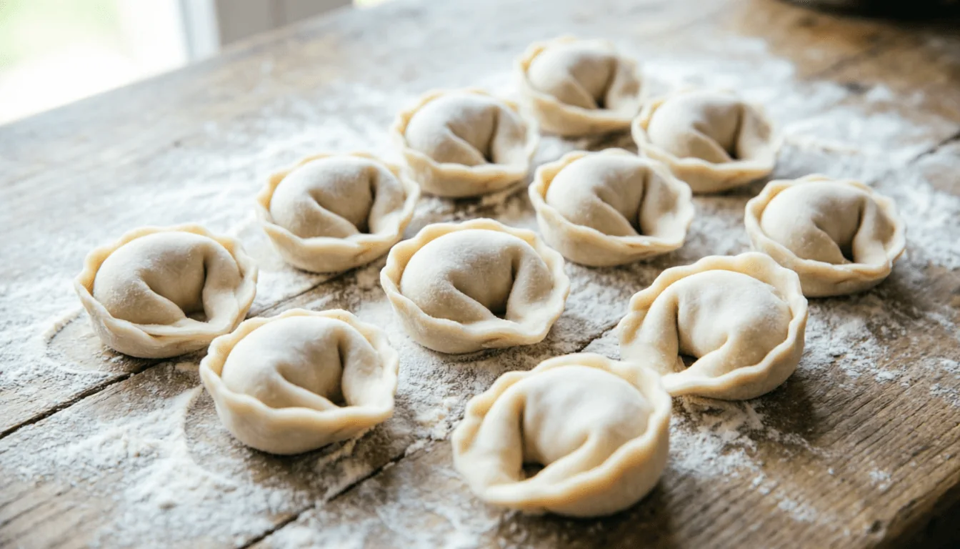 Overhead angled shot of freshly shaped raw uszka dumplings resting in rows on a floured rustic wood table, each one a small pinched dumpling with a gathered pleated top, pale dough dusted with flour, dark mushroom filling just visible at the gathered opening, no hands in frame, natural window light