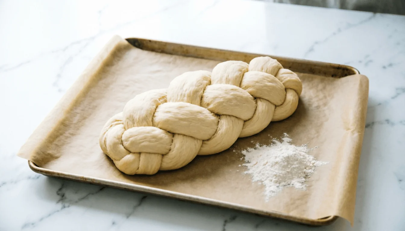 A freshly braided six-strand challah loaf, pale unbaked dough, resting on a parchment-lined baking sheet on a white marble surface, ready for its second rise and egg wash, a small scattering of flour nearby, no hands in frame.