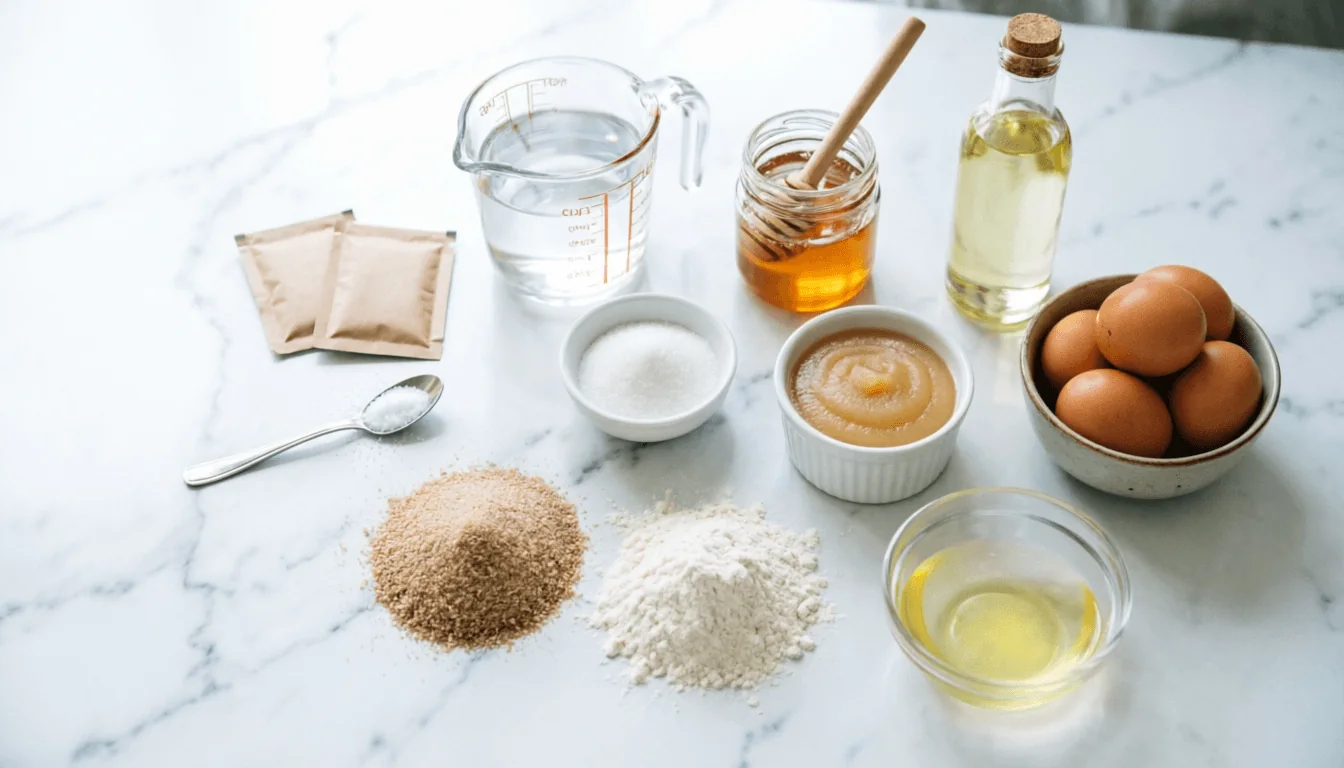 Overhead flat lay of healthy challah ingredients on a white marble surface: two plain unlabeled kraft paper yeast packets, a glass measuring cup of warm water, a small bowl of granulated sugar, a jar of honey with a wooden dipper, a plain unlabeled glass bottle of pale neutral oil, a ramekin of smooth unsweetened applesauce, a bowl of whole brown eggs, a separate small glass bowl of pure egg whites with no yolk, two separate piles of flour — darker whole wheat and white all-purpose — and a pinch of salt on a spoon.