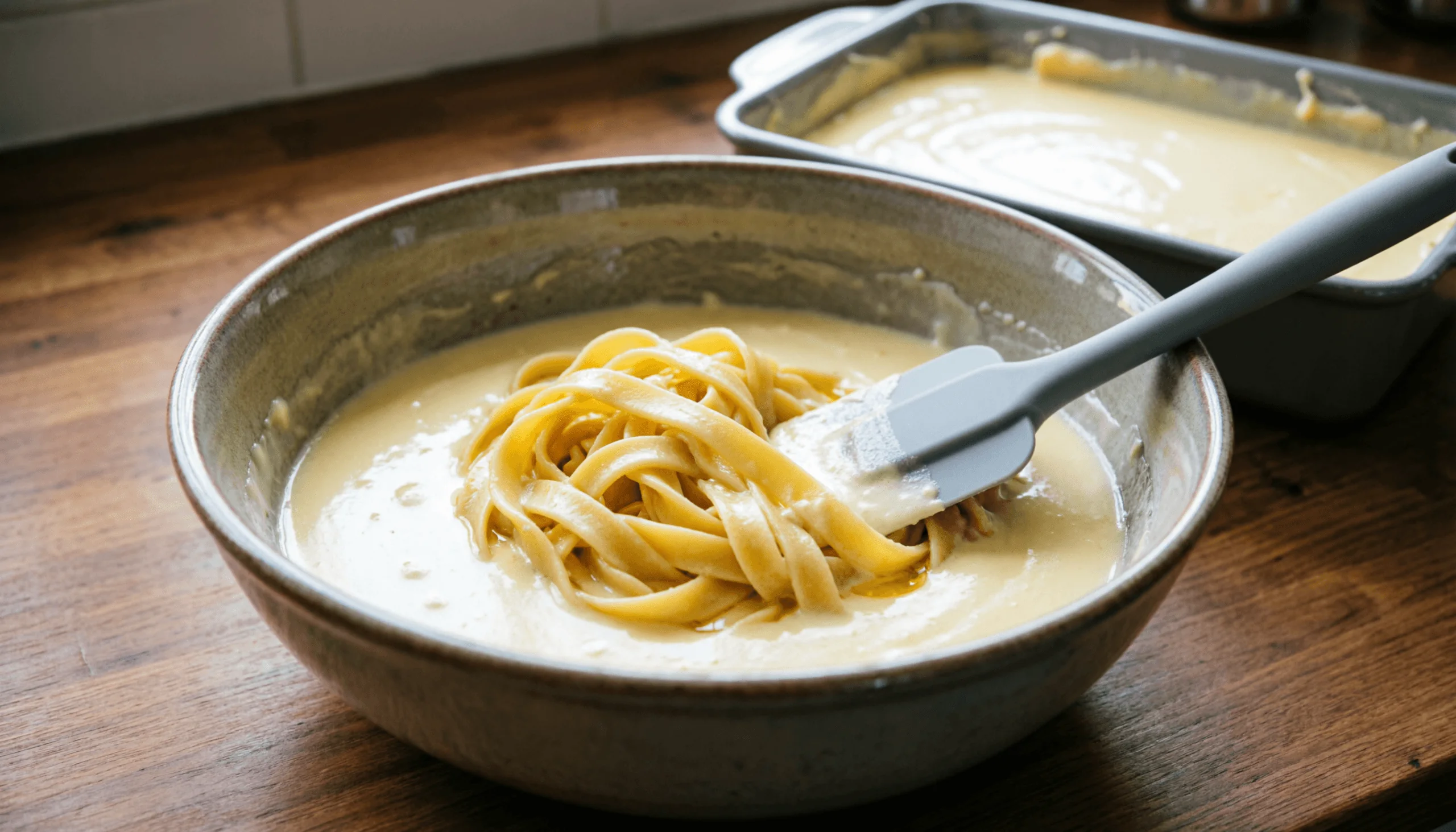 Wide egg noodles being folded with a spatula into a bowl of egg-and-cottage-cheese custard, a partially filled baking dish visible in the background ready for the noodle kugel mixture, rustic wood counter, warm natural light, no hands in frame.