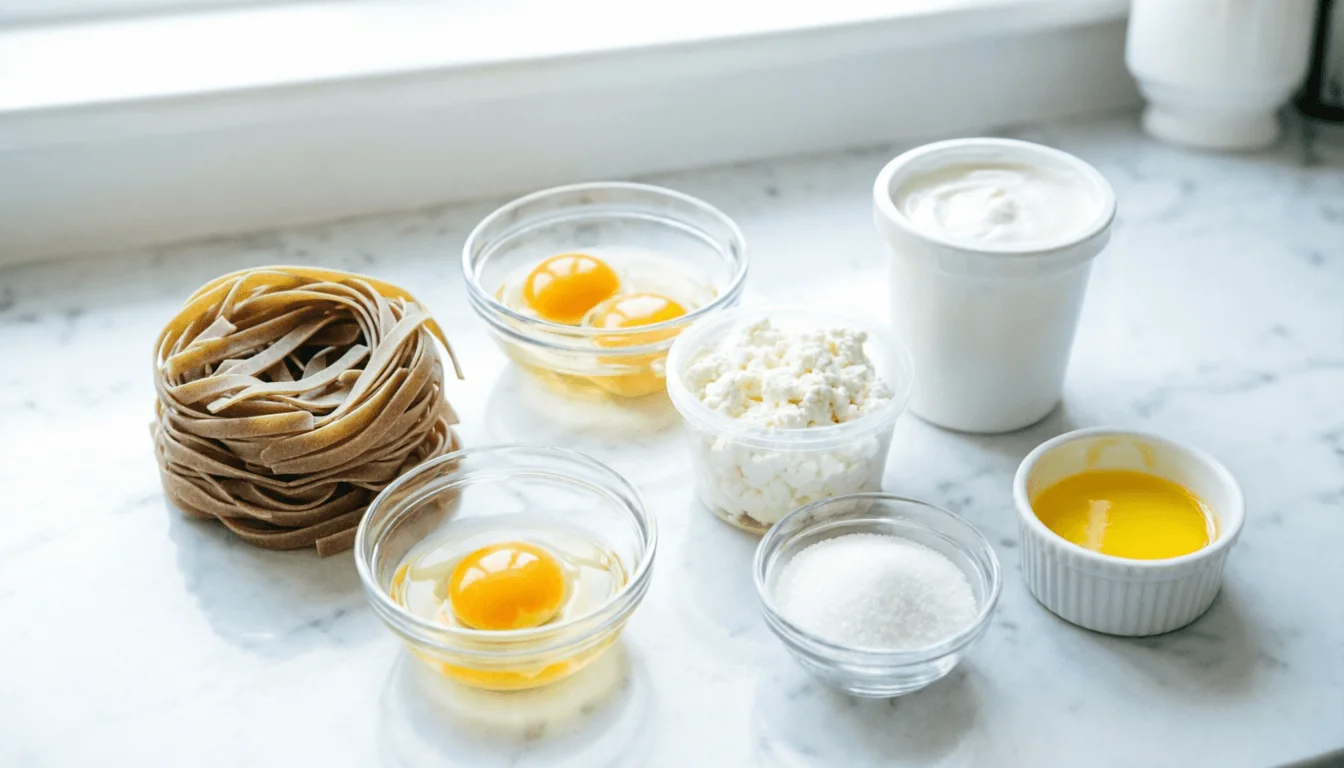 Flatlay arrangement of healthy noodle kugel ingredients on white marble: a nest of dry whole wheat egg noodles (wide flat ribbons), small glass bowls of whole eggs, a tub of cottage cheese with visible curds, a plain unlabeled container of Greek yogurt with no text or branding, a bowl of granulated sugar, and a ramekin of melted butter.