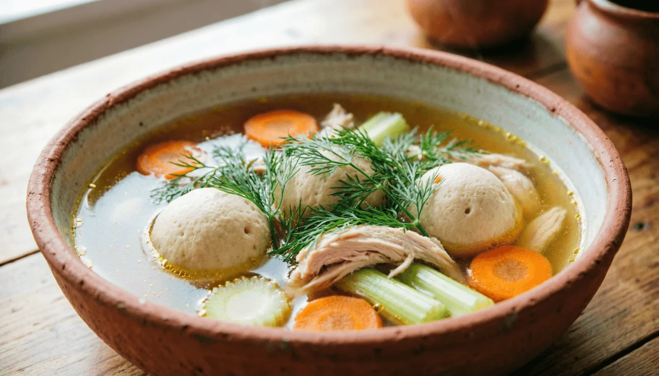 A rustic ceramic bowl of clear amber chicken broth holding three small matzo balls and tender shredded chicken pieces, topped with a generous crown of fresh dill, surrounded by carrot rounds and celery, the broth surface glinting with golden fat droplets, on a wood table with terracotta pots in the background