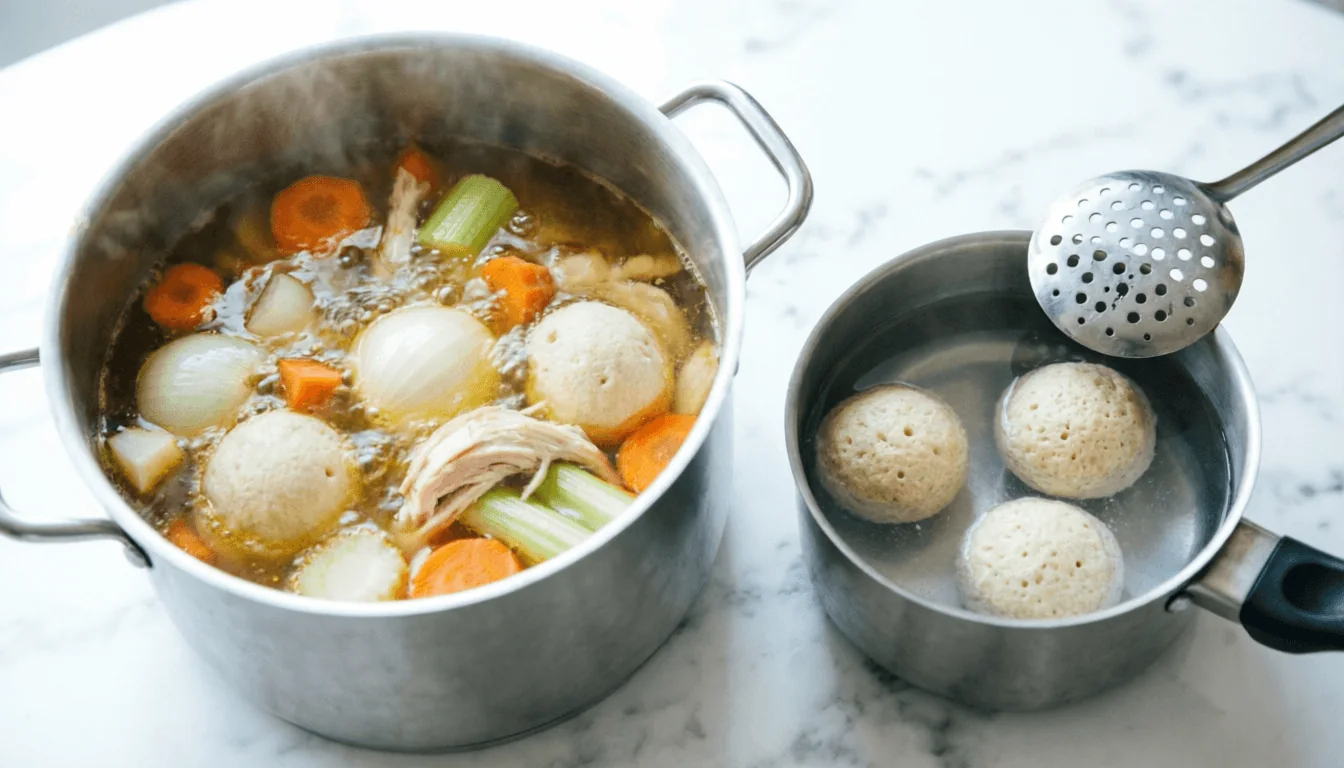 Overhead view of a large stockpot with simmering golden broth and vegetables beside a smaller pot of salted water holding three small round matzo balls, pale and lightly porous, gently bobbing as they cook, with a slotted spoon resting on the rim for scale.