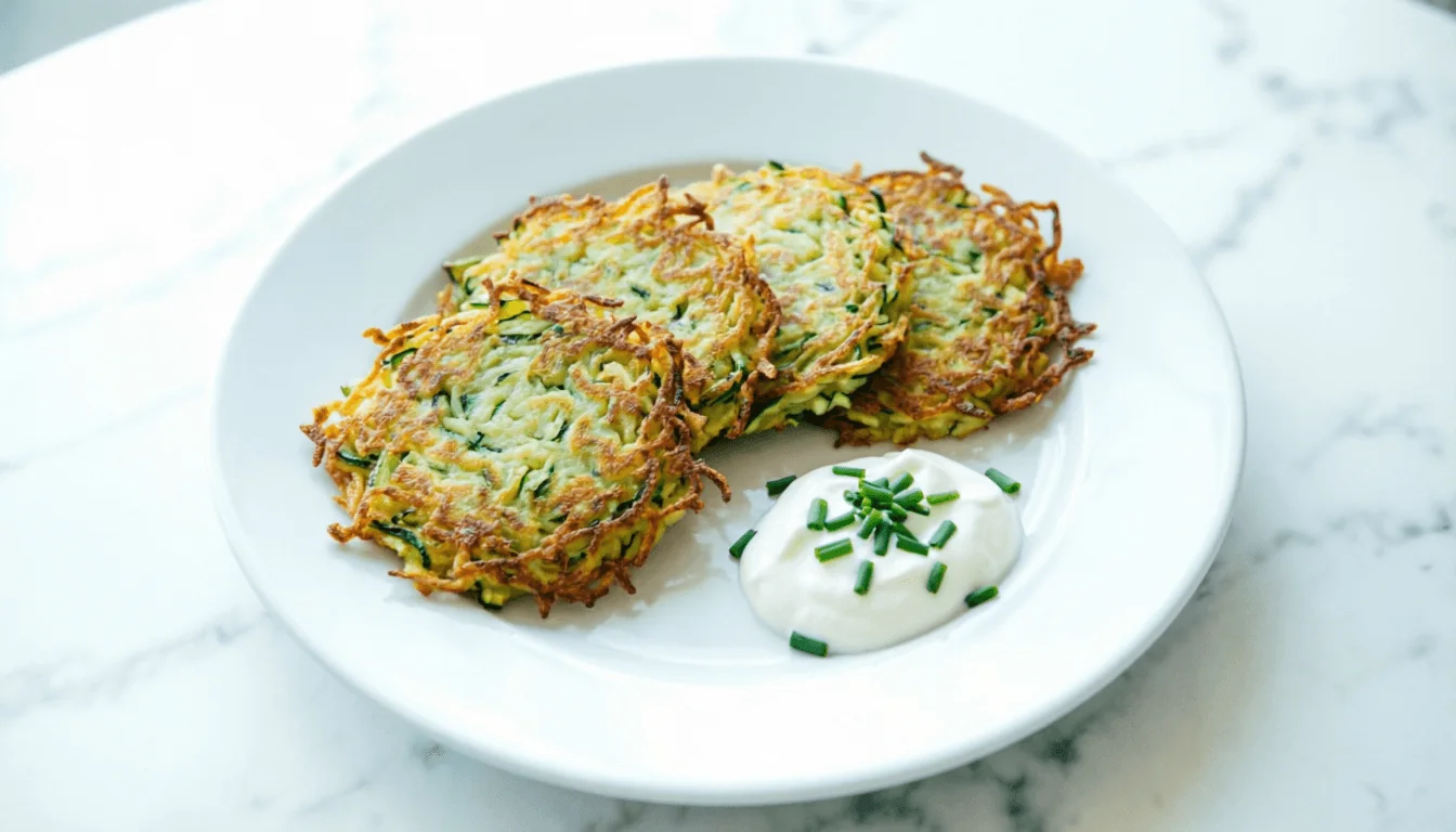 A white ceramic plate holding four thin, round potato-and-zucchini latkes with crispy golden-brown lacy edges, arranged slightly overlapping, with a small dollop of Greek yogurt topped with fresh chives beside them, on a bright white marble surface.