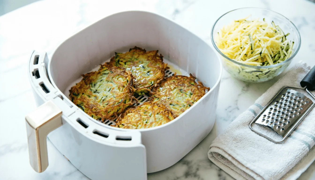 A white air fryer basket holding four golden-brown potato-and-zucchini latkes, visibly flecked with shredded zucchini, cooking with crisped edges, beside a glass bowl of grated potato and zucchini shreds, a box grater, and a folded kitchen towel on a bright white marble countertop.