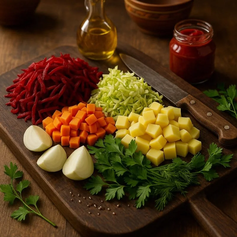 Fresh vegetables for Ukrainian borscht arranged on a wooden table: shredded beets, diced carrots, chopped green cabbage, and cubed potatoes