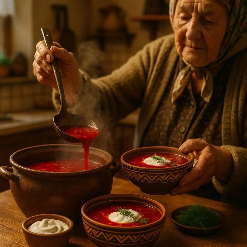 Ukrainian grandmother carefully ladling deep crimson borscht into ceramic bowls, each topped with a generous dollop of sour cream — a family tradition passed through generations