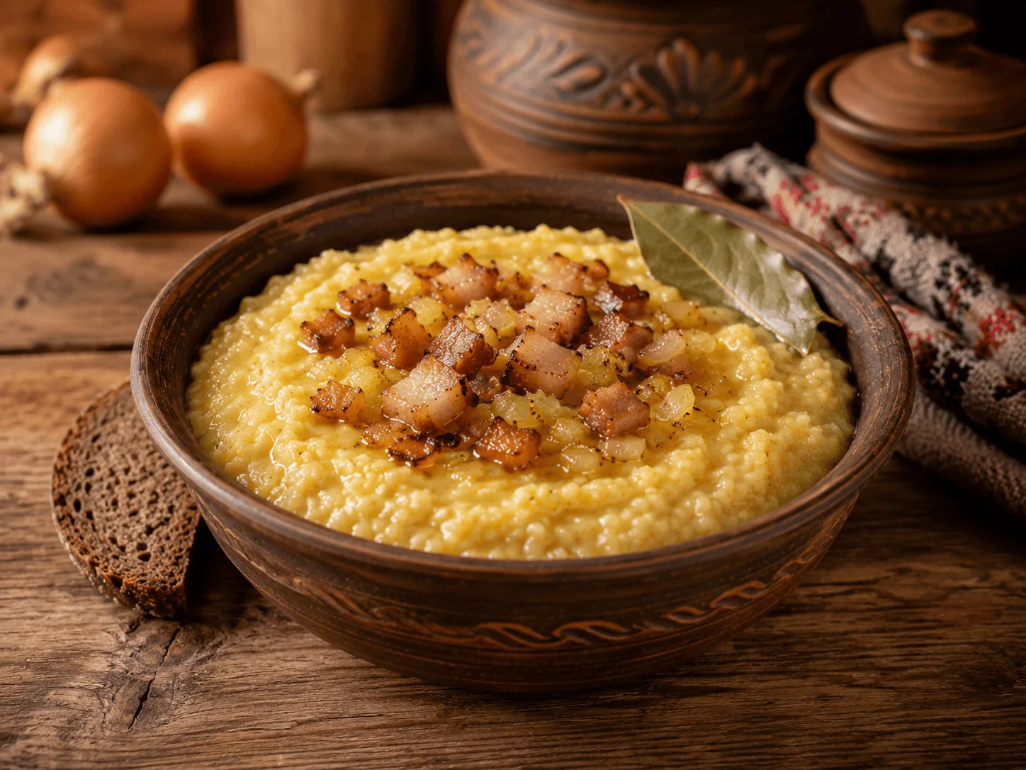 A single generous serving of kulish in a rustic clay bowl, thick golden millet porridge topped with a mix of crispy browned salo cubes and caramelized onion together, a bay leaf resting on the rim, a slice of dark rye bread leaning against the bowl, whole onions and clay pottery in the background.
