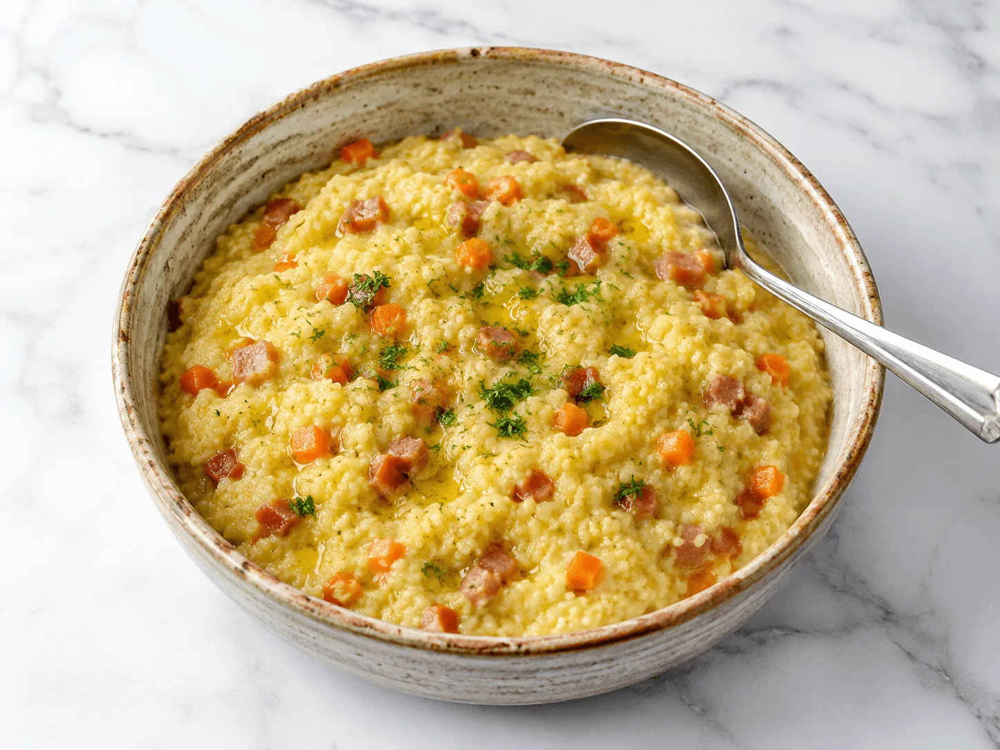 A close-up serving of finished kulish in a rustic deep ceramic bowl, thick golden millet porridge dotted throughout with small diced orange carrot cubes and small diced crisp bacon pieces, finished with a thin drizzle of olive oil and a sprinkle of fresh chopped dill, a spoon resting against the bowl rim.