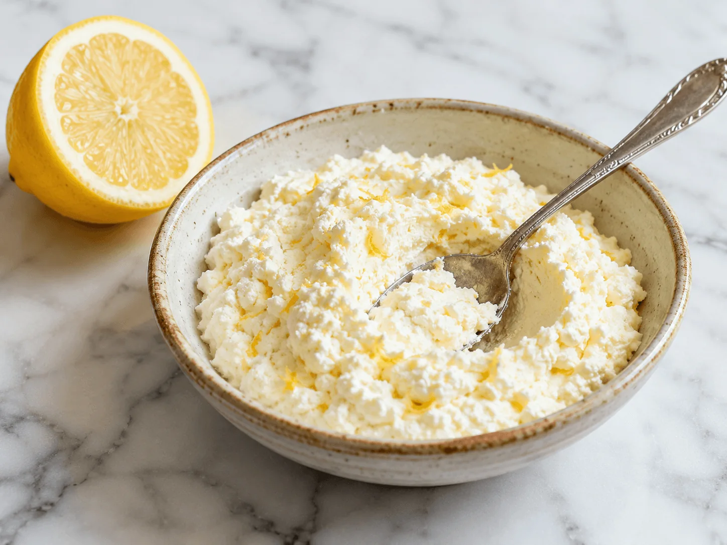 A rustic ceramic bowl of blintz filling ready to use: smooth low-fat cottage cheese mounded and swirled with a vintage spoon, pale ivory and slightly grainy in texture, flecked with visible curls of yellow lemon zest, no herbs, a halved lemon resting beside the bowl on a white marble surface.