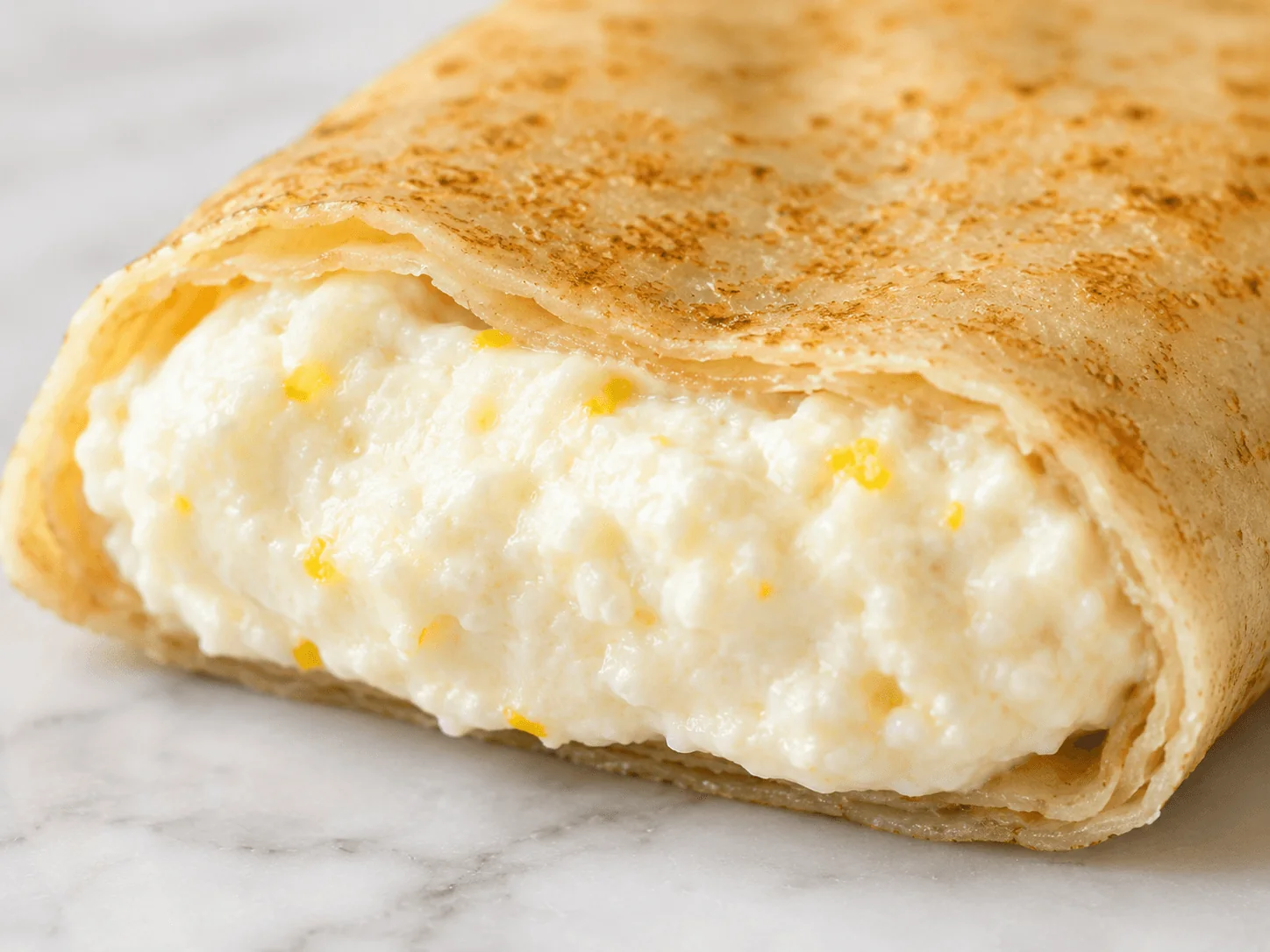 Extreme close-up of a single baked blintz split open at one end, revealing the soft pale ivory cottage cheese filling studded with flecks of yellow lemon zest, the whole wheat crepe wrapper thin and golden-brown with characteristic pan-cook speckling, set on a white marble surface.
