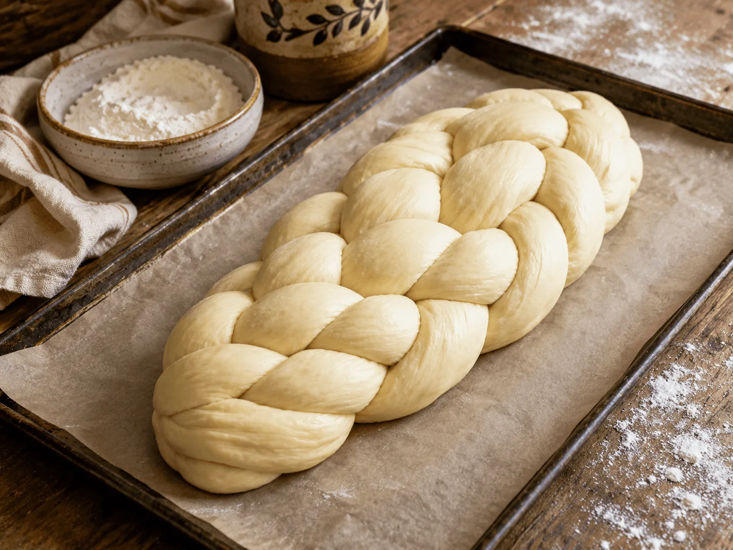 A freshly braided six-strand challah loaf, pale unbaked dough, resting on a parchment-lined baking sheet ready for its second rise and egg wash, a bowl of flour and a folded cloth nearby on a rustic wooden table, no hands in frame.