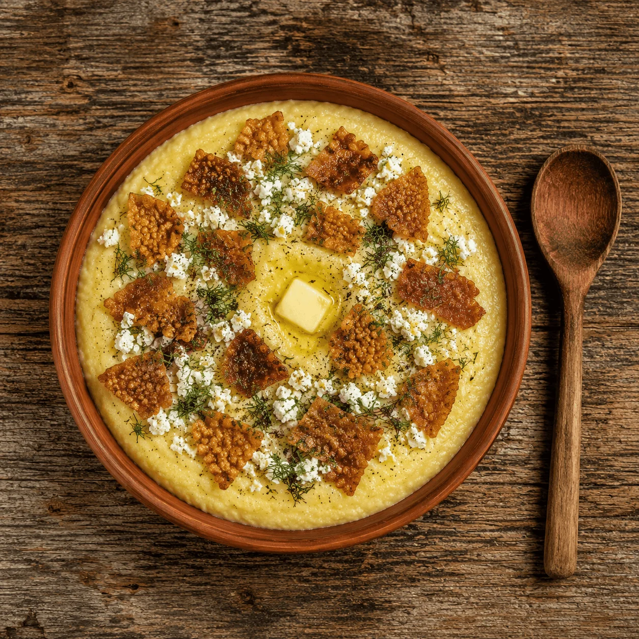 Overhead view of a bowl of traditional banosh cornmeal porridge with pork cracklings, bryndza cheese and dill, wooden spoon resting beside the bowl
