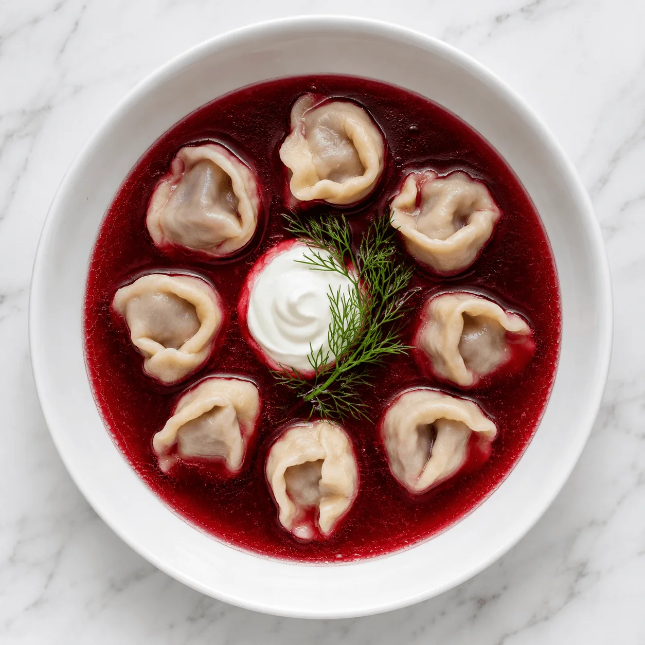 Top-down view of a white ceramic bowl on white marble, clear ruby-red barszcz czerwony broth, eight fully sealed hand-pinched uszka dumplings arranged in a ring around a swirl of white sour cream and fresh dill sprigs in the center, bright even daylight.